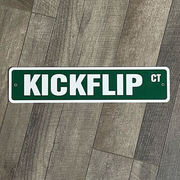 New! Bedroom Wall Decor, Green and White, “KICKFLIP ST” Sign. 18 in. x 4 in. - Picture 1 of 4